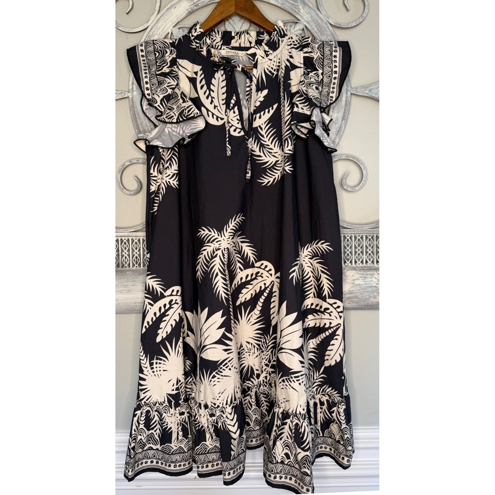 Zenara Woman Black Cream Palm Tree Tropical Cotton Ruffle Midi Dress Large EUC